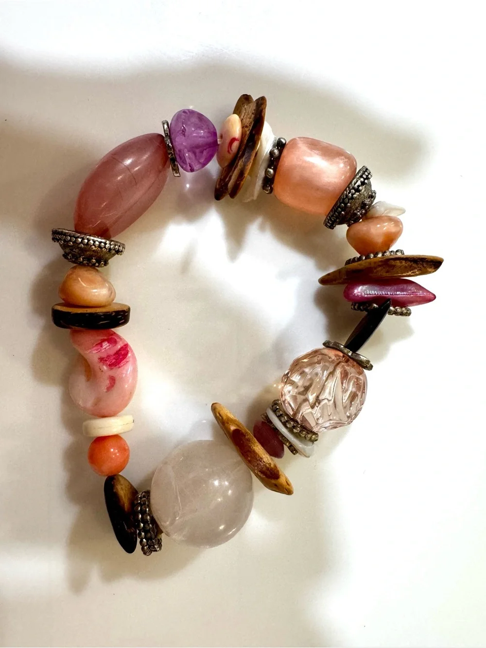 Mixed Stone Shell Stretch Bracelet Rose Quartz Amethyst Wood Crystal Artisan